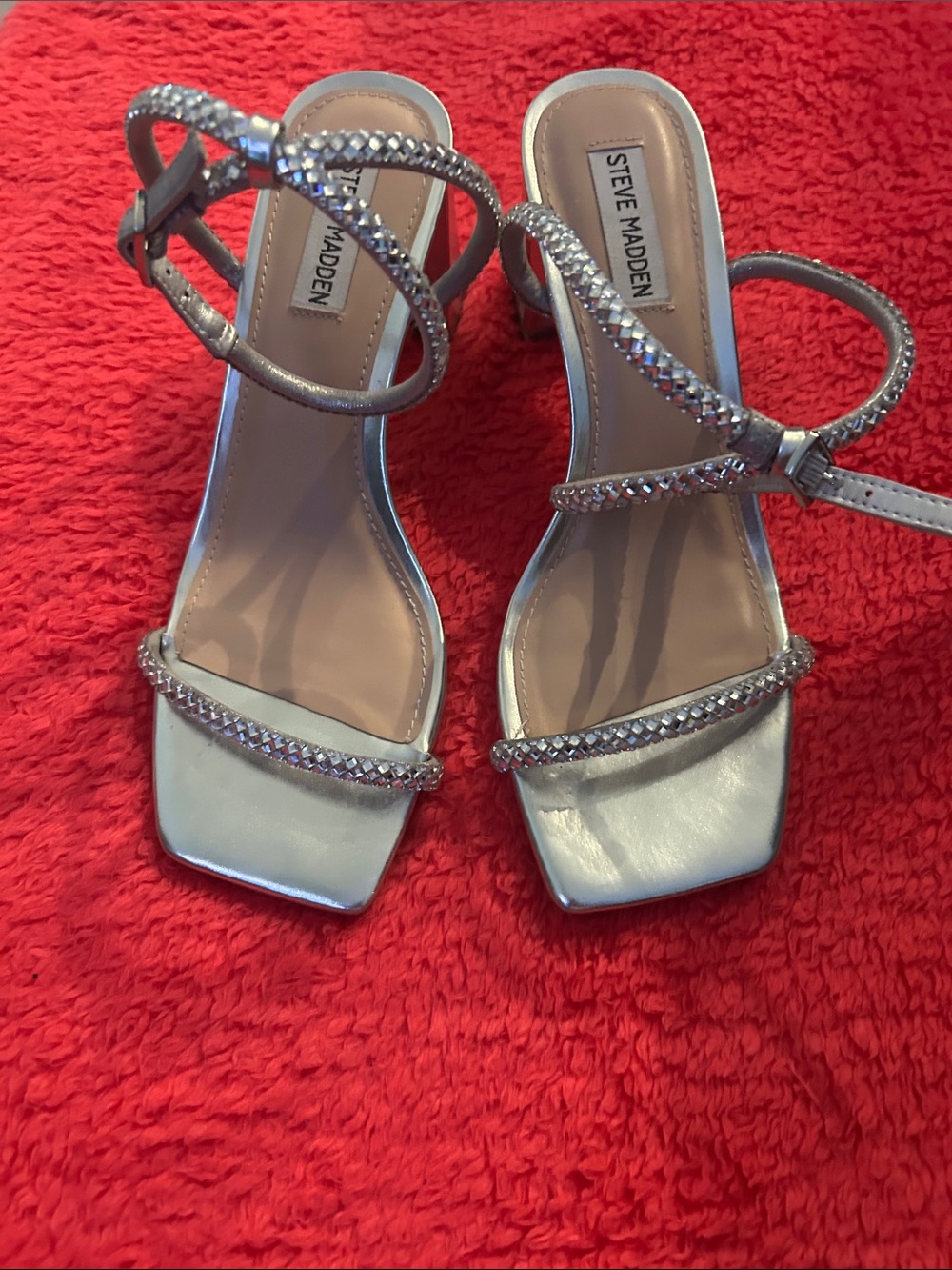 Steve Madden Metallic Silver Crystal Strap Heels